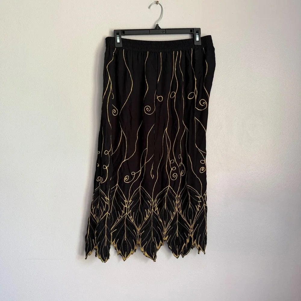 Vintage Black Gold Embroidered Rayon Midi Skirt Scalloped Hem Bohemian Size M L